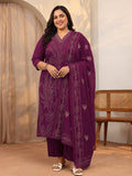 Plus Size Burgundy Embroidered Cotton Straight Suit Set With Dupatta