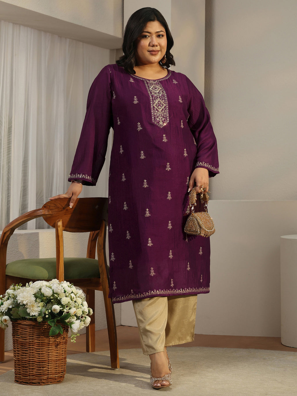 Plus Size Burgundy Ethnic Embroidered Silk Blend Straight Kurta