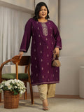Plus Size Burgundy Ethnic Embroidered Silk Blend Straight Kurta