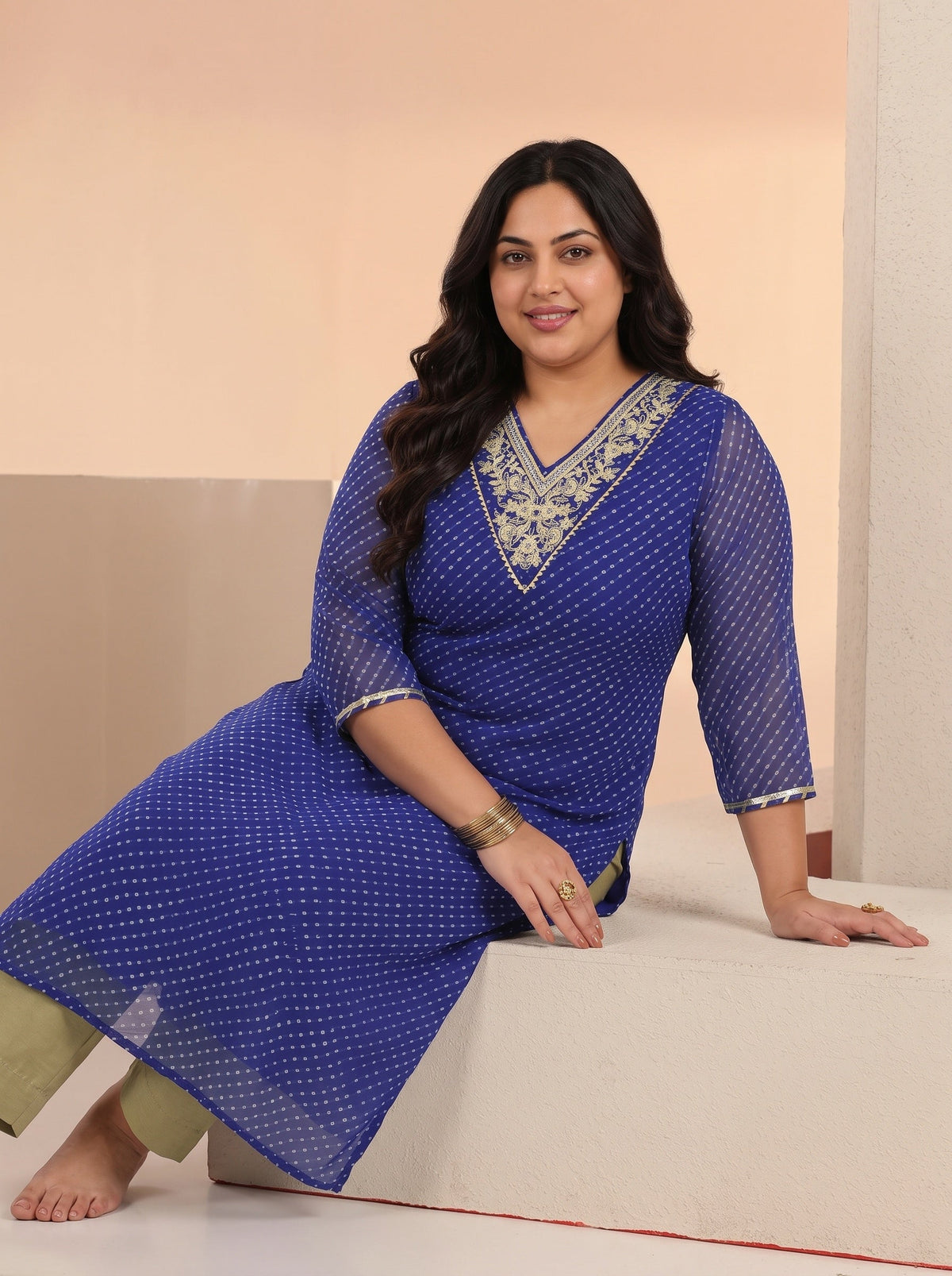 Plus Size Cobalt Blue Printed Chiffon Straight Kurta