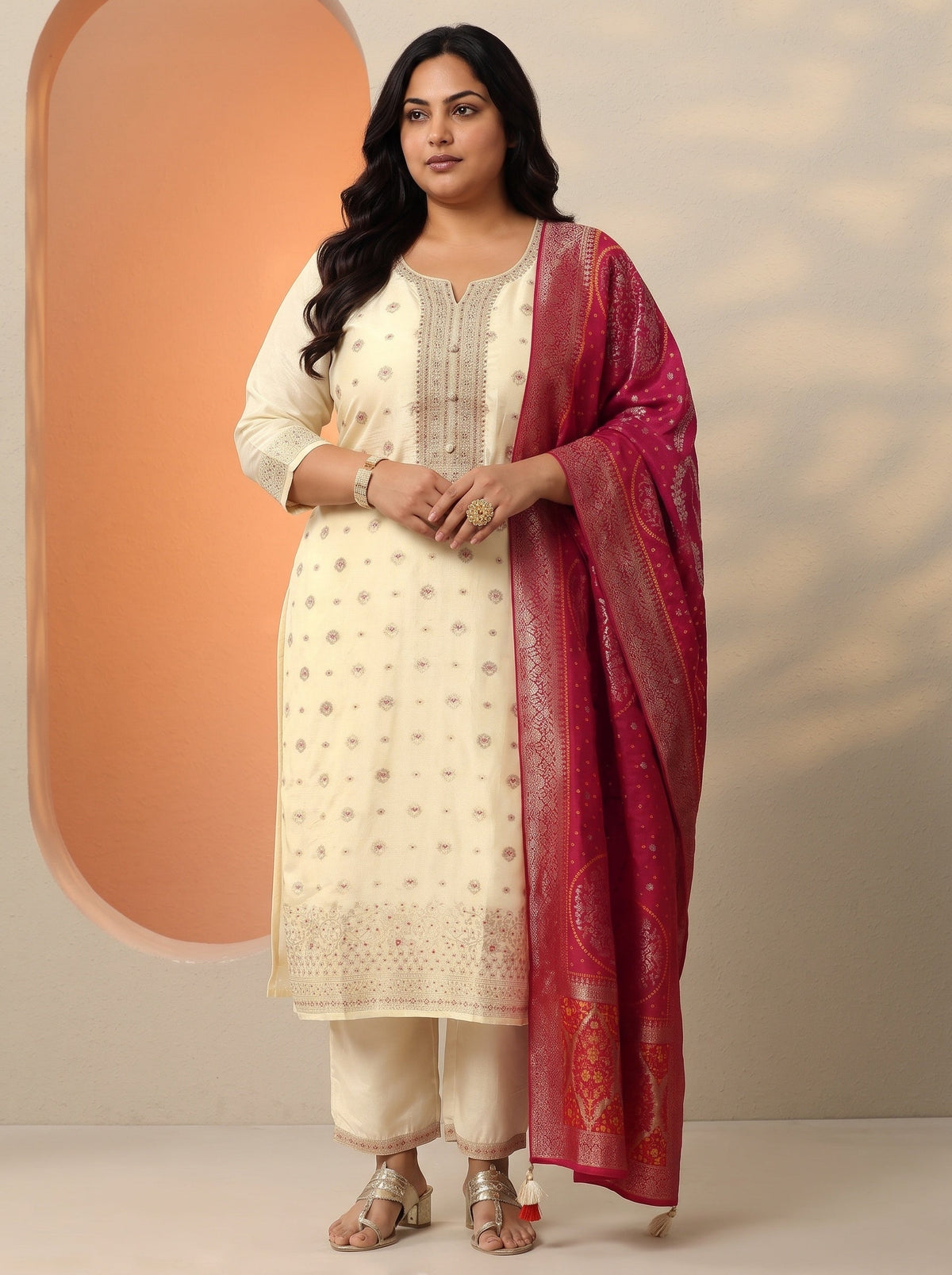Plus Size Cream Woven Design Silk Blend Straight Suit Set With Dupatta