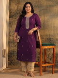 Plus Size Dark Purple Embroidered Silk Blend Straight Kurta