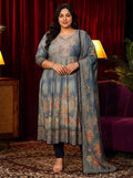 Plus Size Dusty Blue Floral Printed Cotton Anarkali Suit Set
