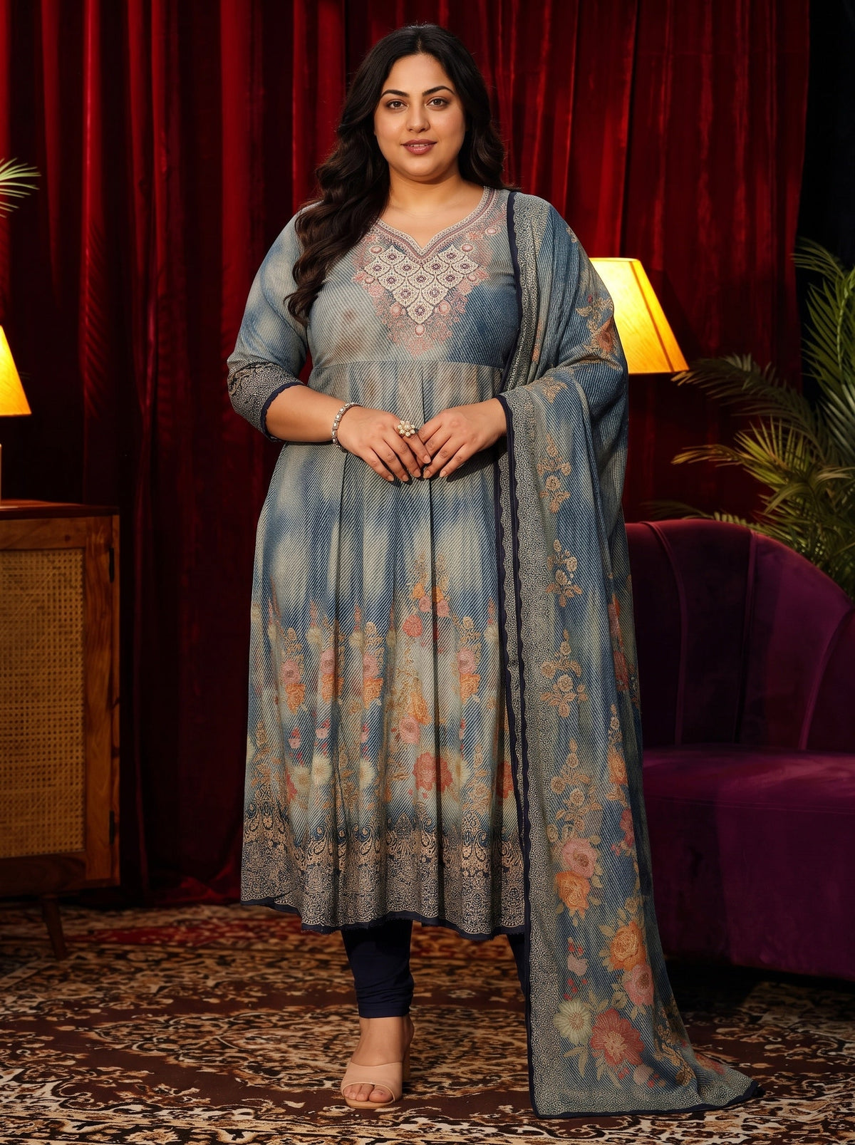 Plus Size Dusty Blue Floral Printed Cotton Anarkali Suit Set