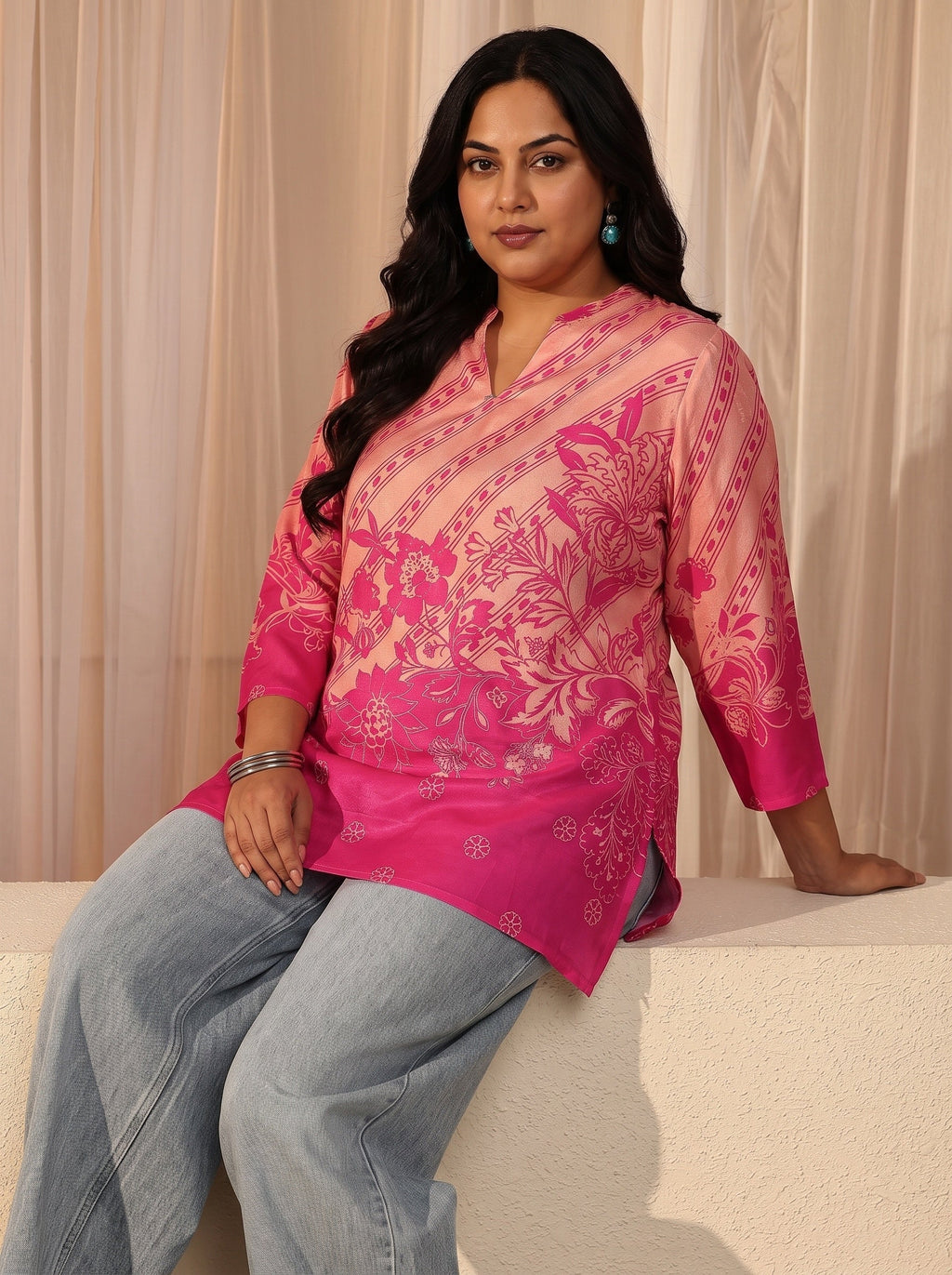 Plus Size Fuchsia Pink Printed Muslin Straight Short Kurti