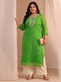Plus Size Green Bandhani Printed Chiffon Straight Kurta