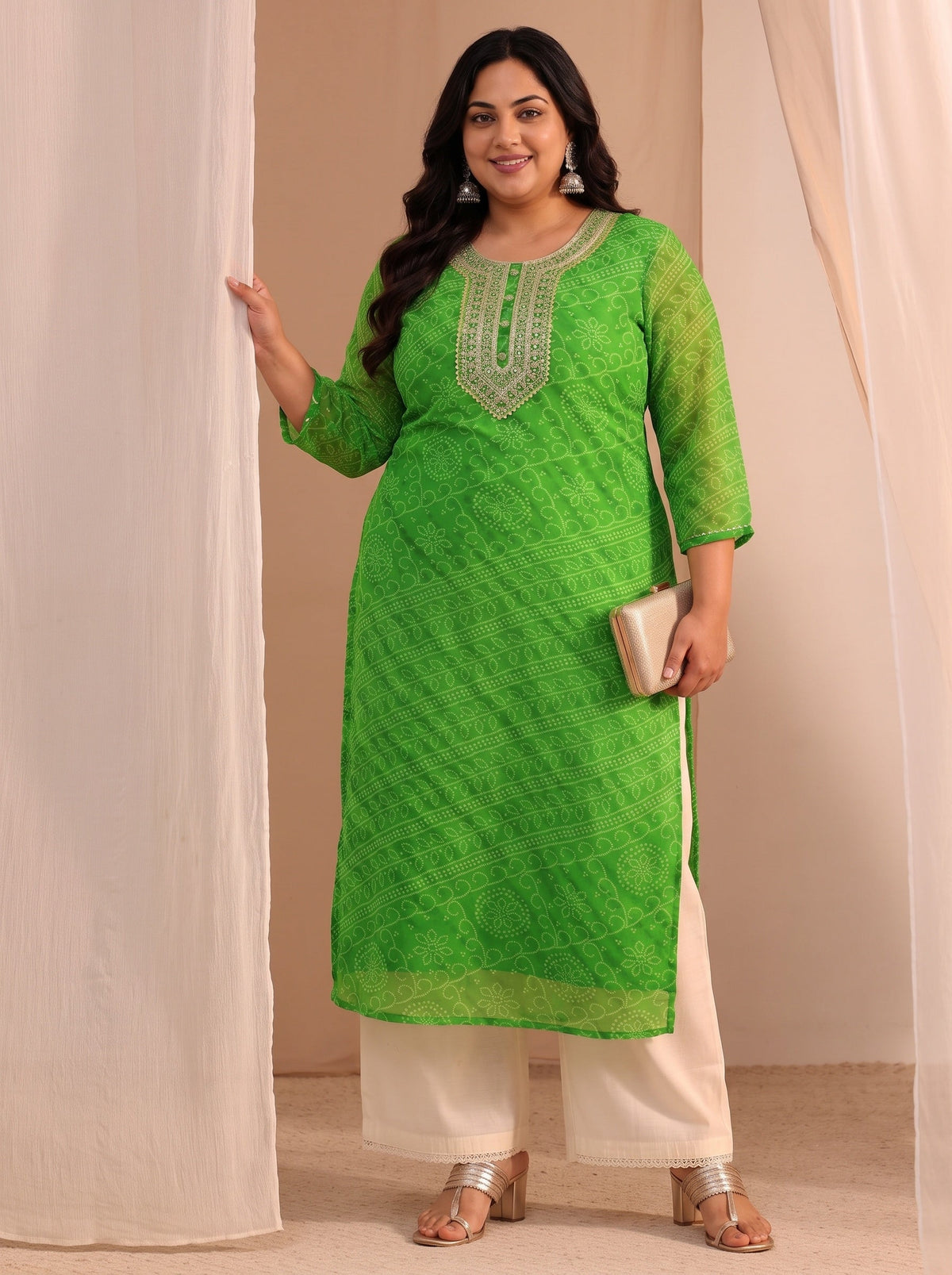 Plus Size Green Bandhani Printed Chiffon Straight Kurta