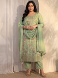 Plus Size Green Embroidered Silk blend Straight Suit Set With Dupatta