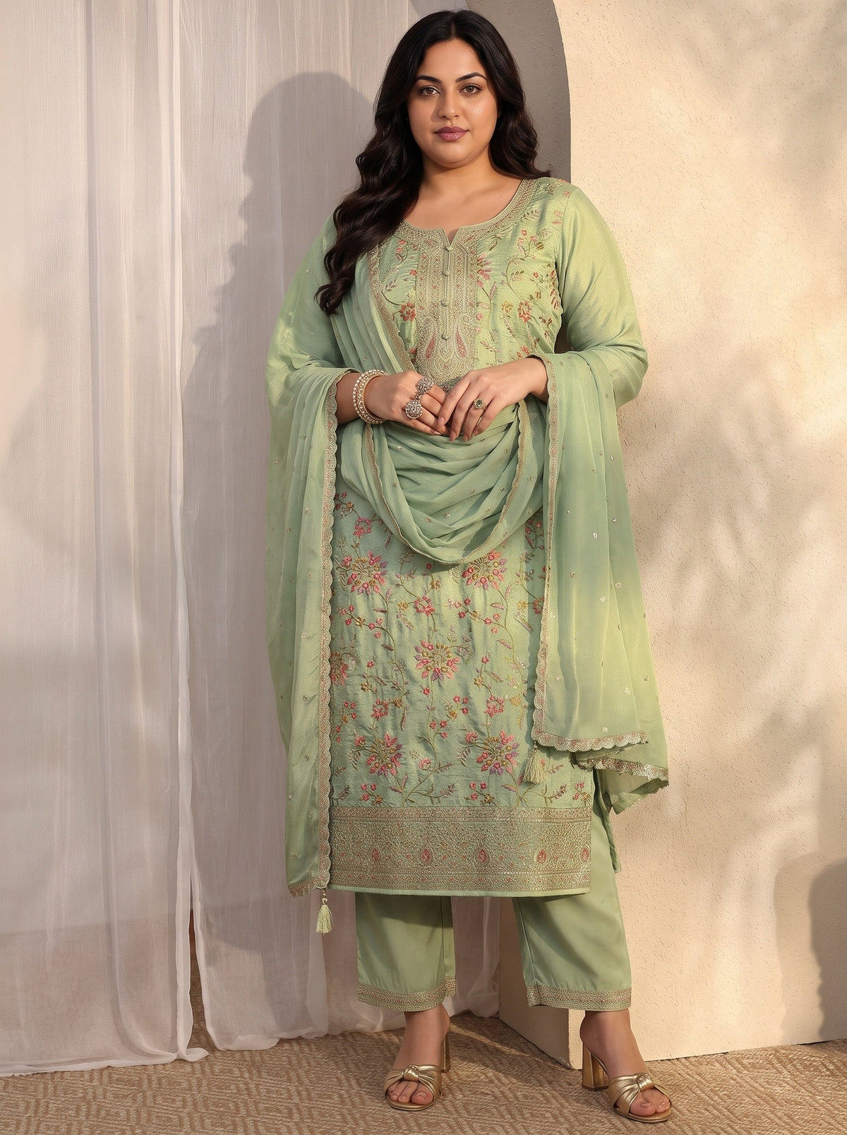 Plus Size Green Embroidered Silk blend Straight Suit Set With Dupatta