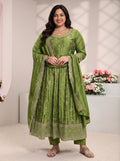 Plus Size Green Floral Embroidered Silk Blend Anarkali Suit Set With Dupatta