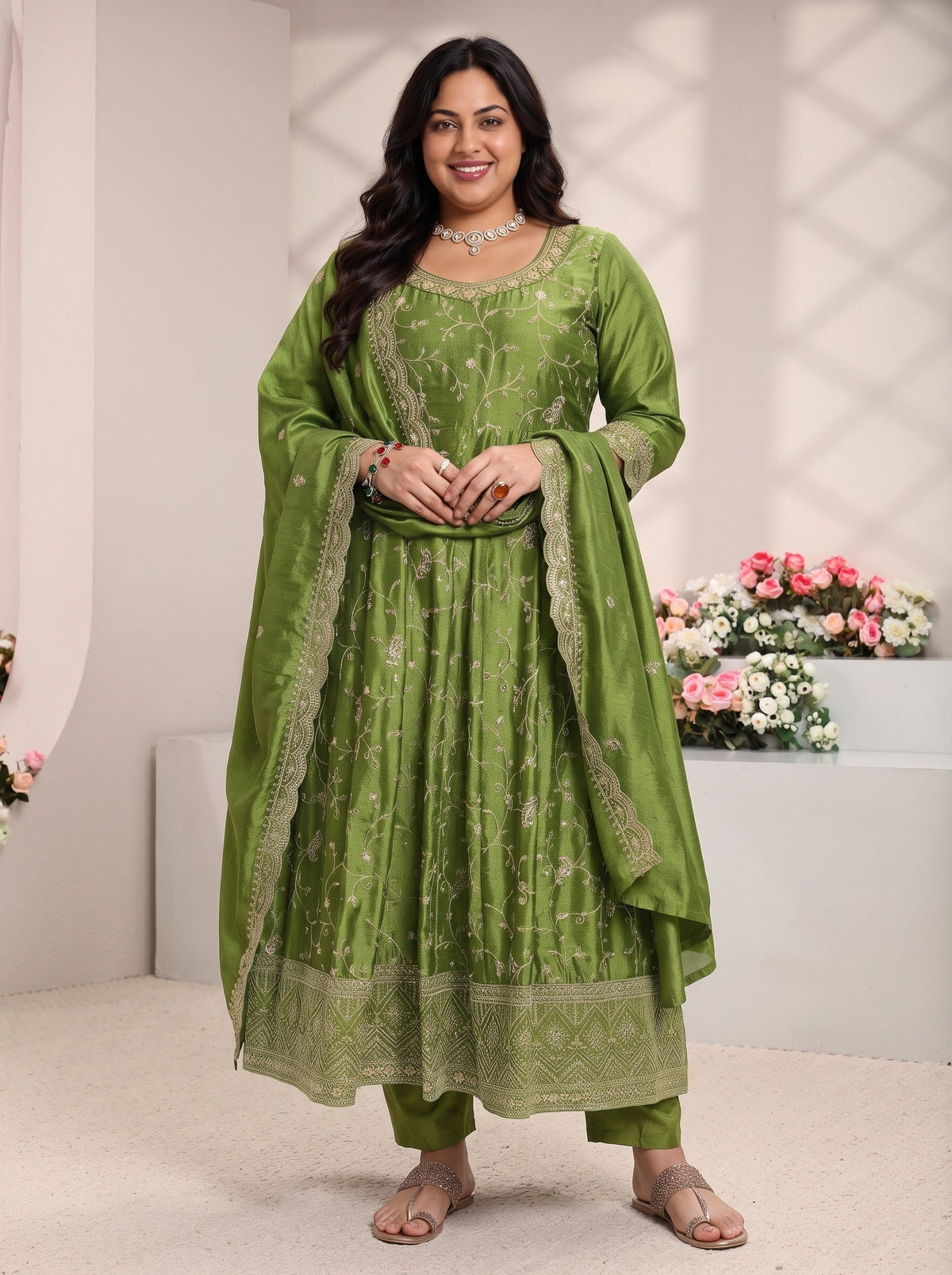 Plus Size Green Floral Embroidered Silk Blend Anarkali Suit Set With Dupatta
