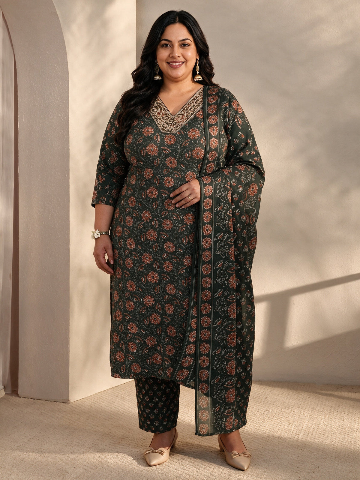 Plus Size Green Floral Printed Cotton Blend Straight Suits Set With Dupatta