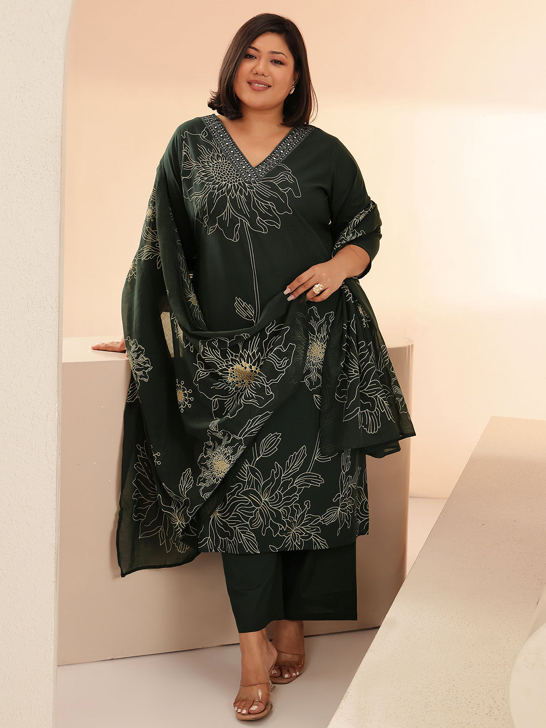 Plus Size Green Printed Cotton Straight Suit Set With Dupatta