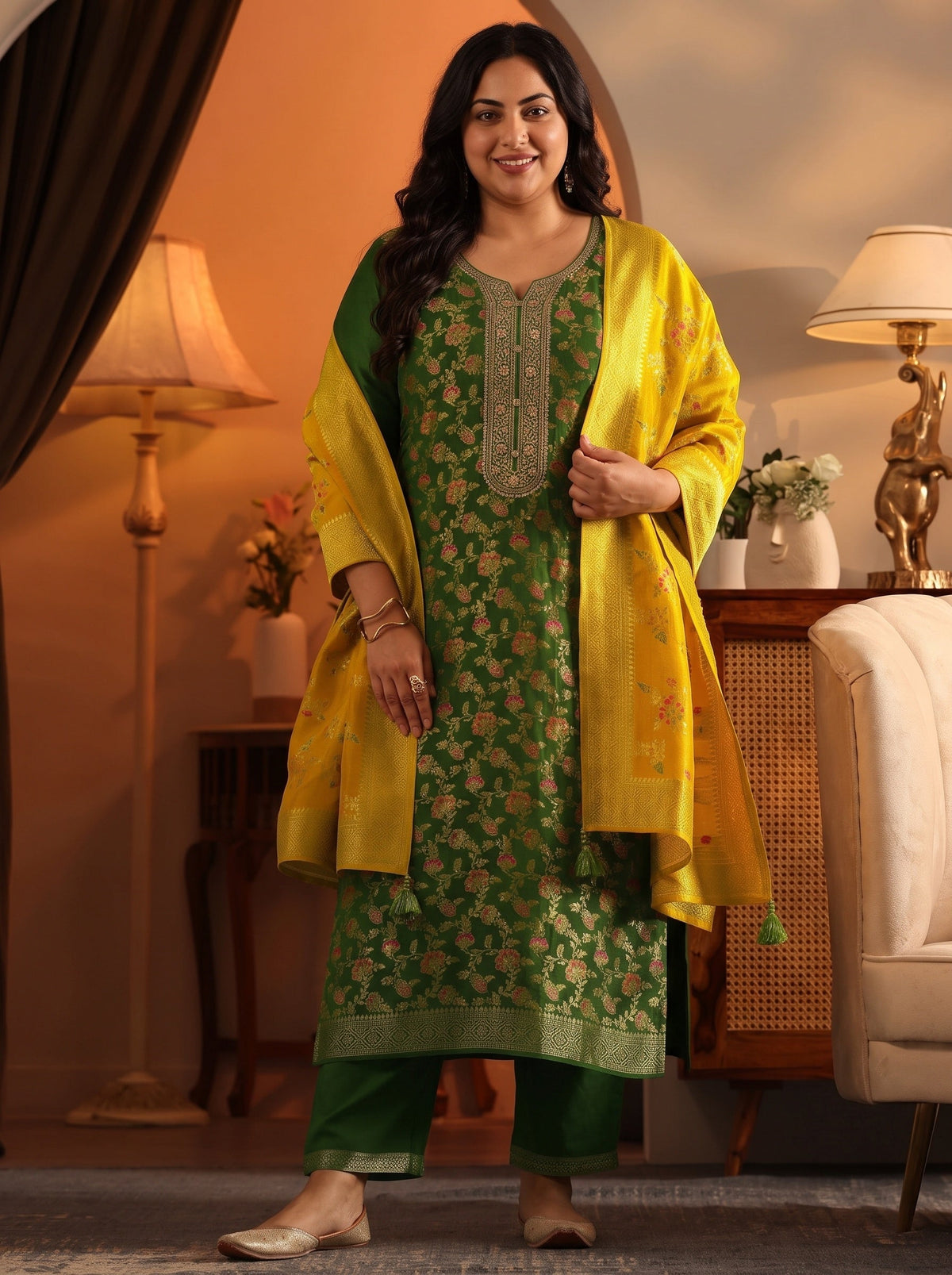 Plus Size Green Woven Design Silk Blend Straight Suit Set With Dupatta