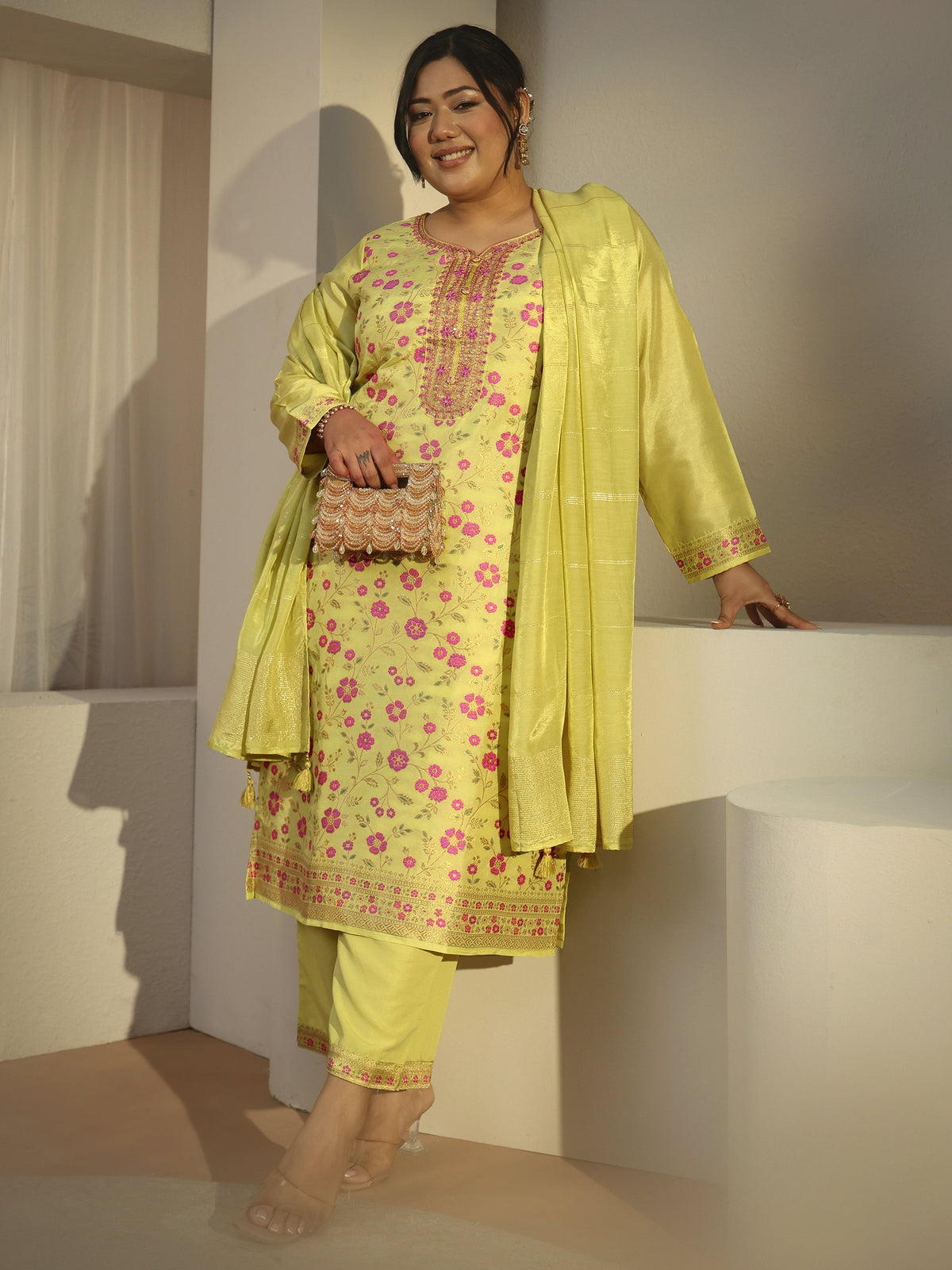 Plus Size Green Woven Design Silk Blend Straight Suit With Dupatta