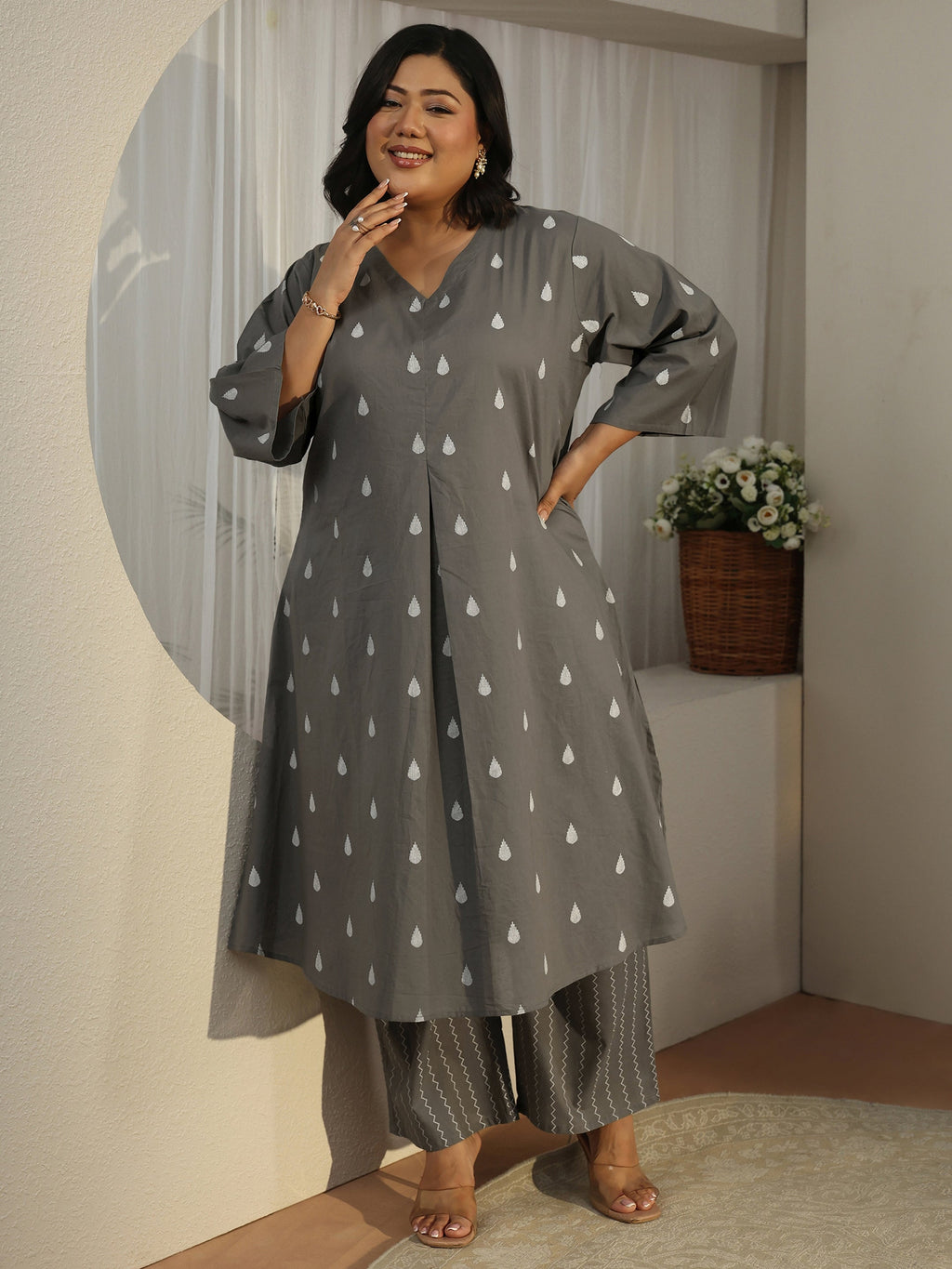 Plus Size Grey Floral Woven Design Cotton Blend A-Line Kurta Set