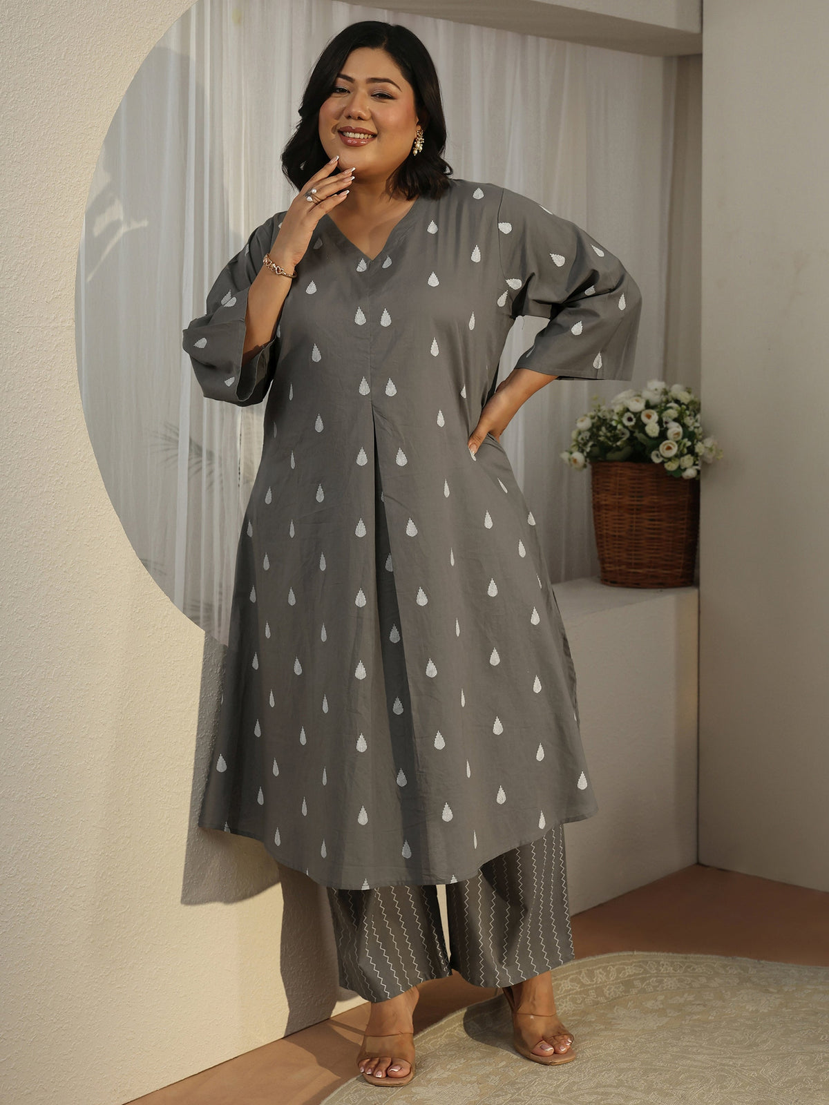 Plus Size Grey Floral Woven Design Cotton Blend A-Line Kurta Set
