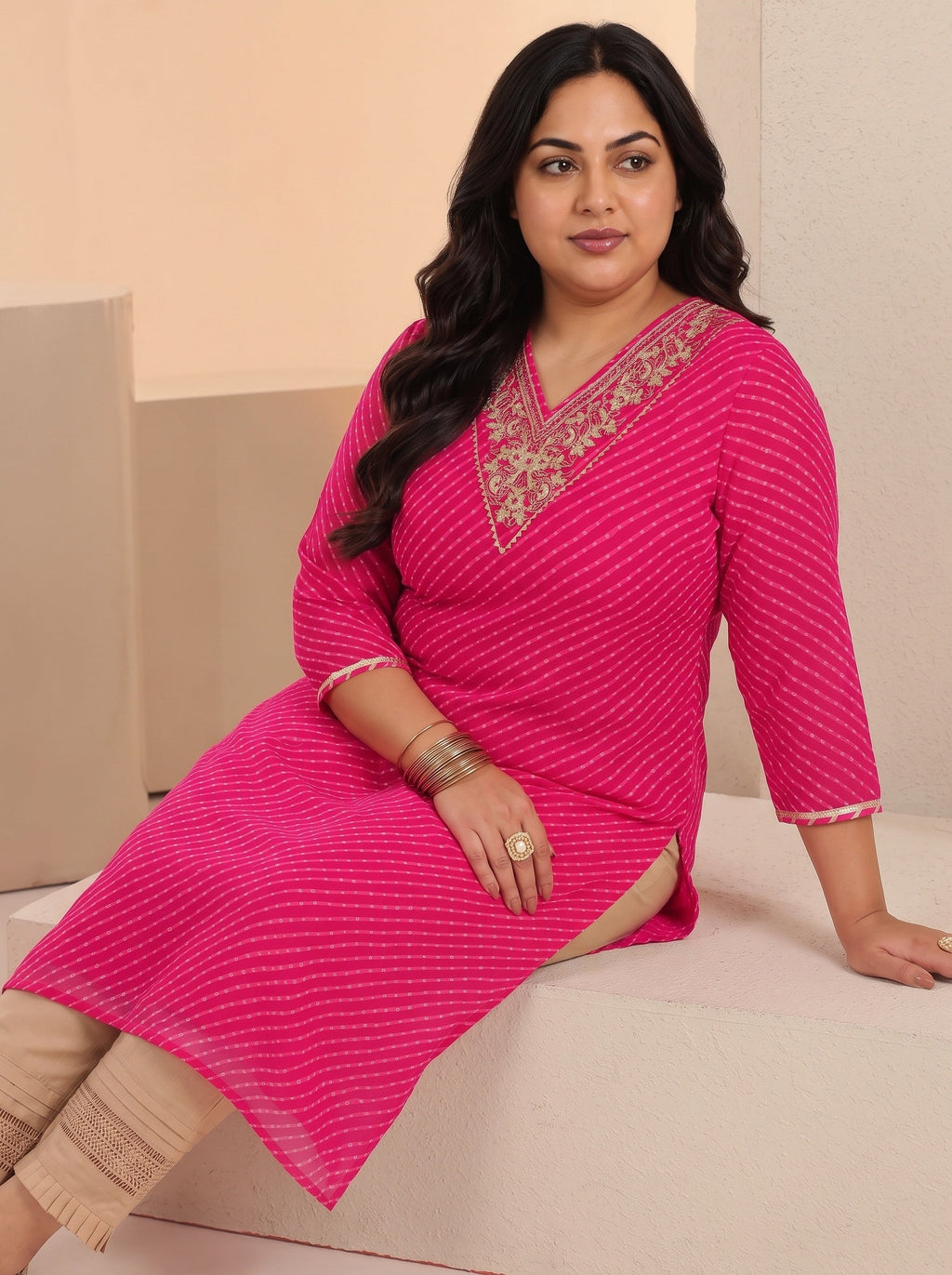 Plus Size Hot Pink Leheriya Printed Chiffon Straight Kurta