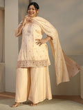 Plus Size Ivory Floral Embroidered Silk Blend Straight Suit Set With Dupatta