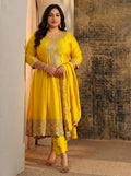Plus Size Lemon Yellow  Embellished Silk Blend Anarkali Suit Set