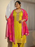 Plus Size Lime Green Woven Design Silk Blend Straight Suit Set With Dupatta