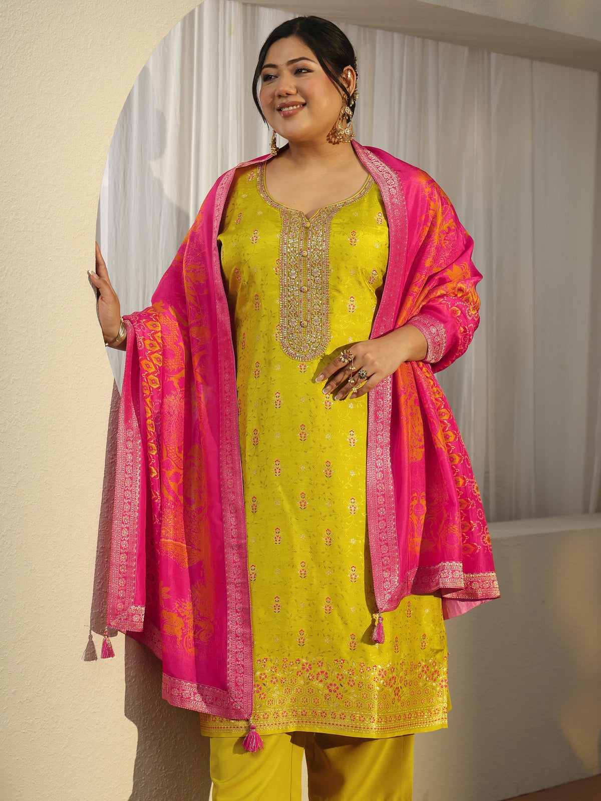Plus Size Lime Green Woven Design Silk Blend Straight Suit Set With Dupatta