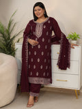 Plus Size Maroon Embroidered Chinon Straight Suit Set