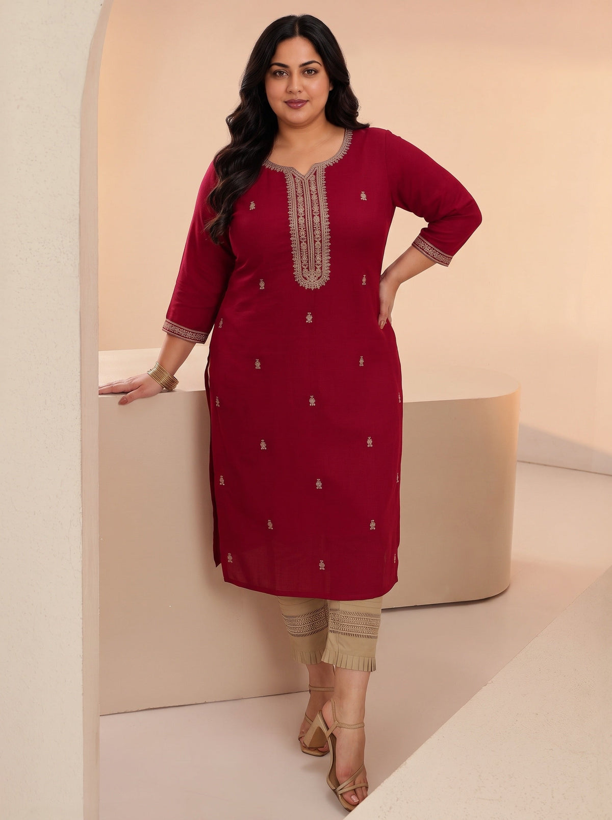 Plus Size Maroon Embroidered Silk Blend Straight Kurta