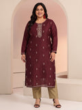 Plus Size Maroon Ethnic Embroidered Silk Blend Straight Kurta