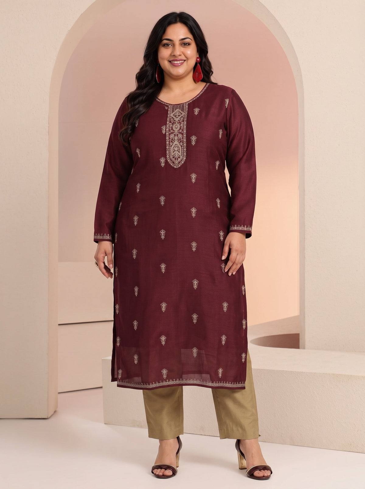 Plus Size Maroon Ethnic Embroidered Silk Blend Straight Kurta
