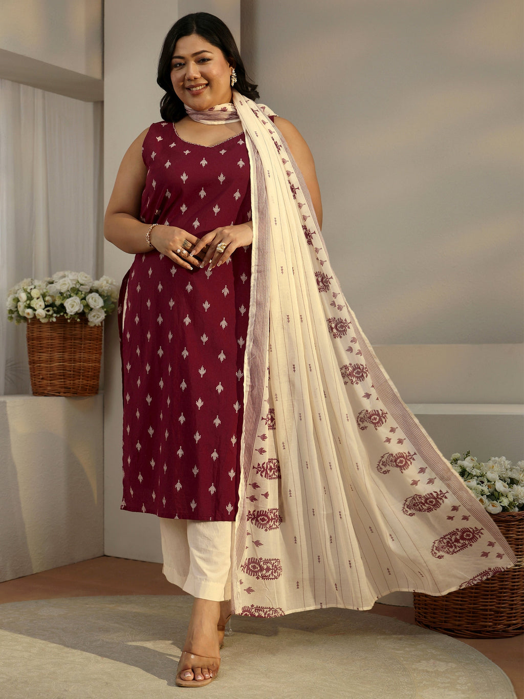 Plus Size Maroon Ethnic Motifs Printed Cotton Blend Straight Suit Set With Dupatta