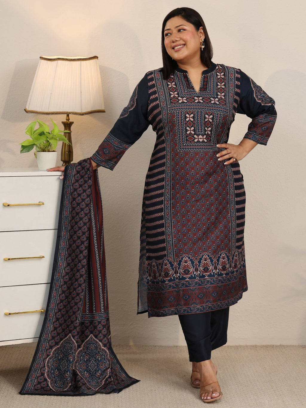 Plus Size Maroon Ethnic Print Cotton Blend Straight Suit Set