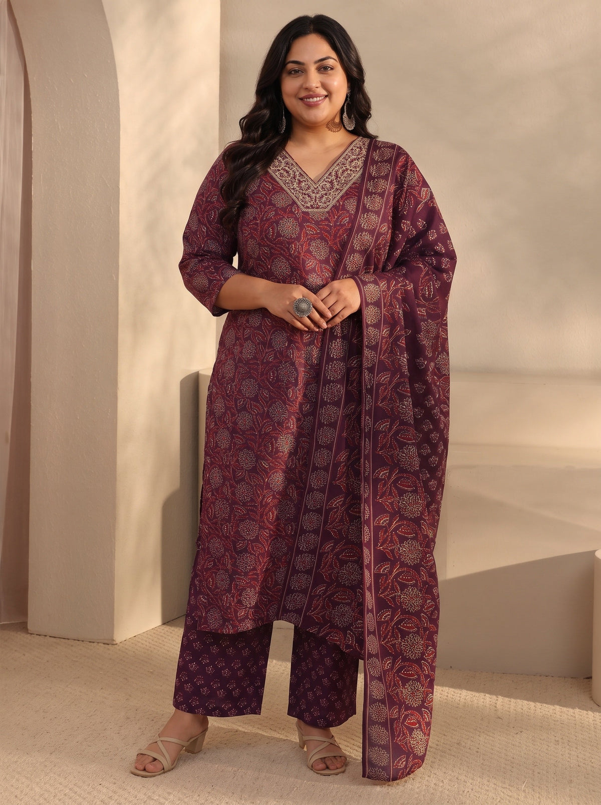 Plus Size Maroon Floral Printed Cotton Blend Straight Suits Set With Dupatta