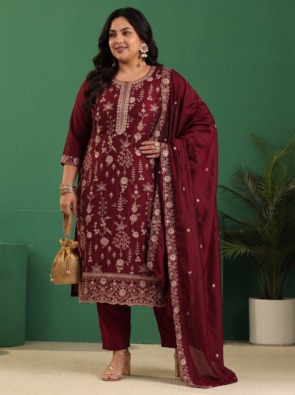 Plus Size Maroon Red Floral Embellished Silk Blend Straight Suit Set