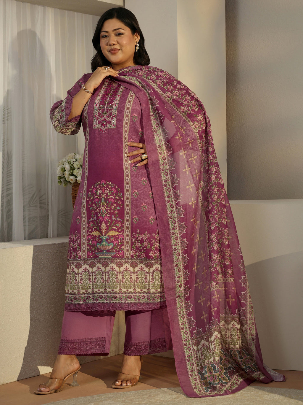 Plus Size Mauve Printed Cotton Blend Straight Suit With Dupatta