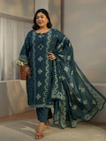 Plus Size Midnight Blue Printed Cotton A-line Suit Set