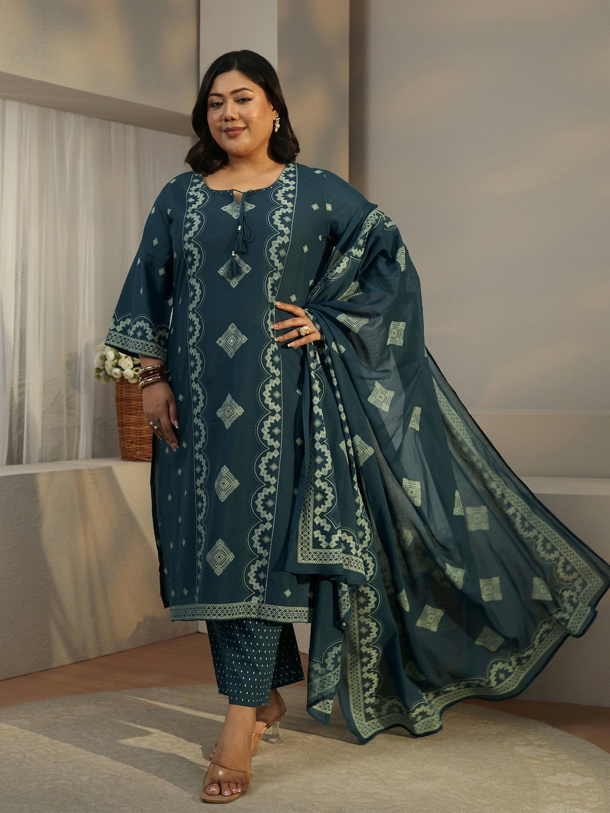 Plus Size Midnight Blue Printed Cotton A-line Suit Set