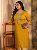 Plus Size Mustard Embroidered Silk Blend Straight Kurta