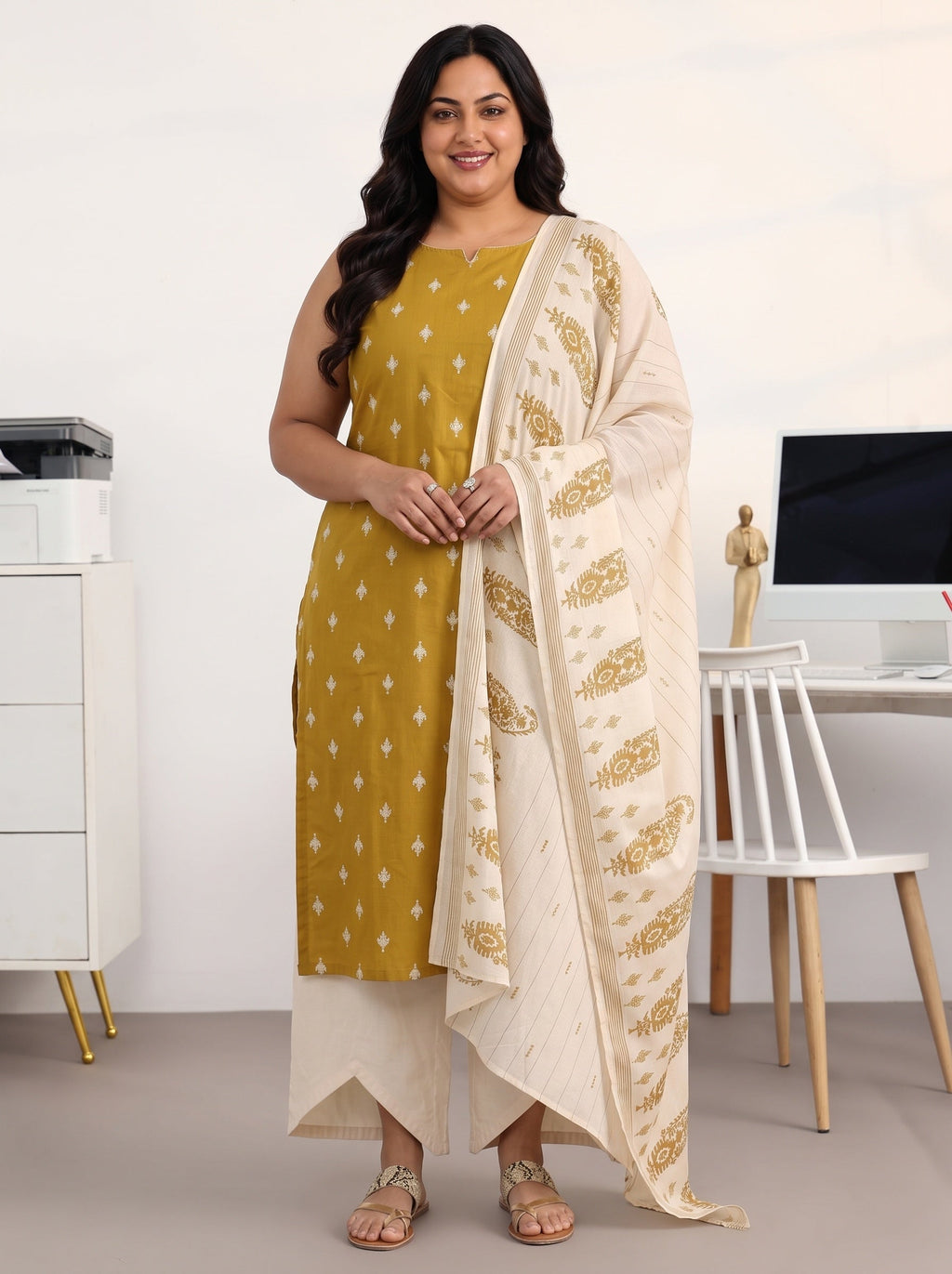 Plus Size Mustard Ethnic Motifs Printed Cotton Blend Straight Suit Set With Dupatta