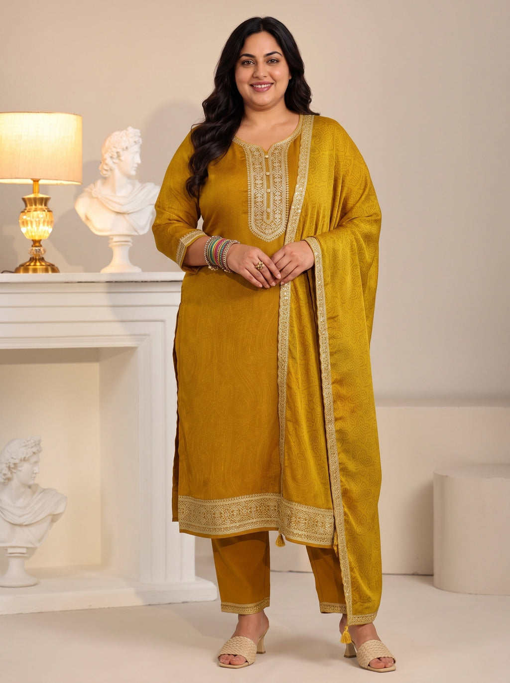 Plus Size Mustard Floral Embellished Chinon Straight Suit Set