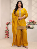 Plus Size Mustard Floral Embroidered Silk Blend Straight Suit Set With Dupatta