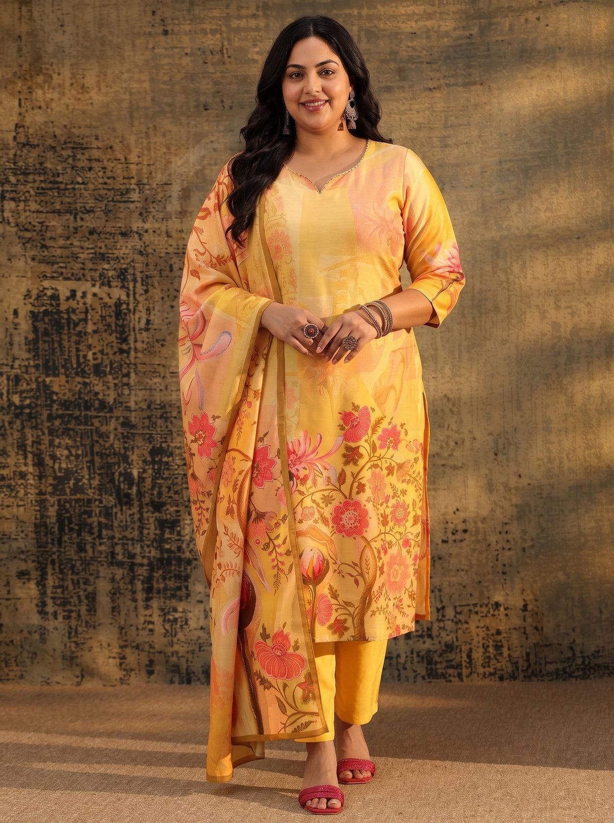 Plus Size Mustard Floral Printed Muslin Straight Suit Set