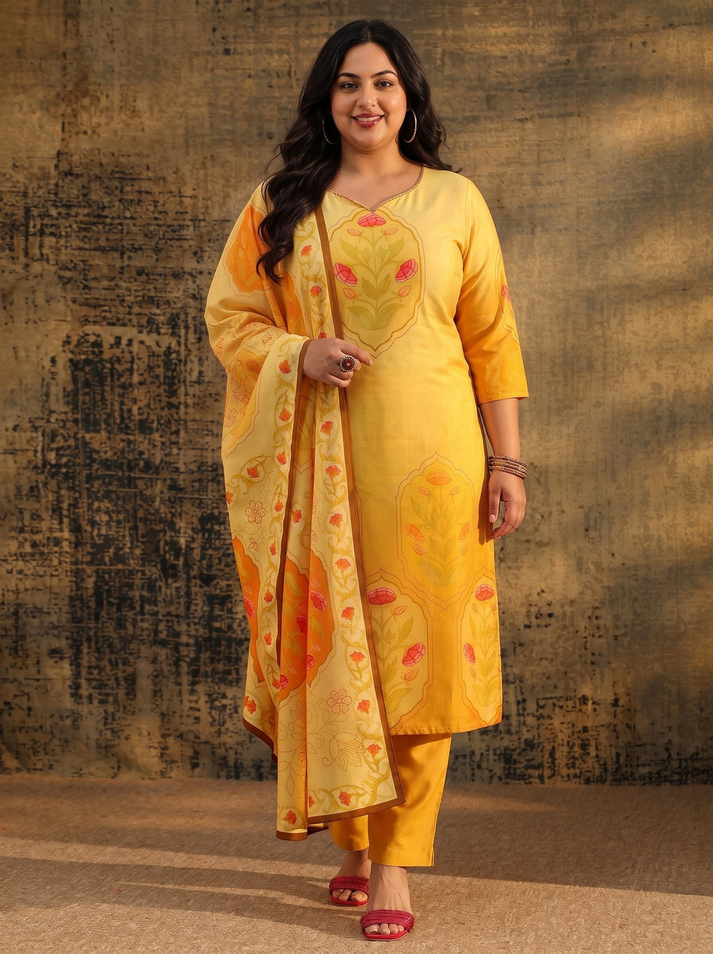 Plus Size Mustard Floral Printed Muslin Straight Suit Set