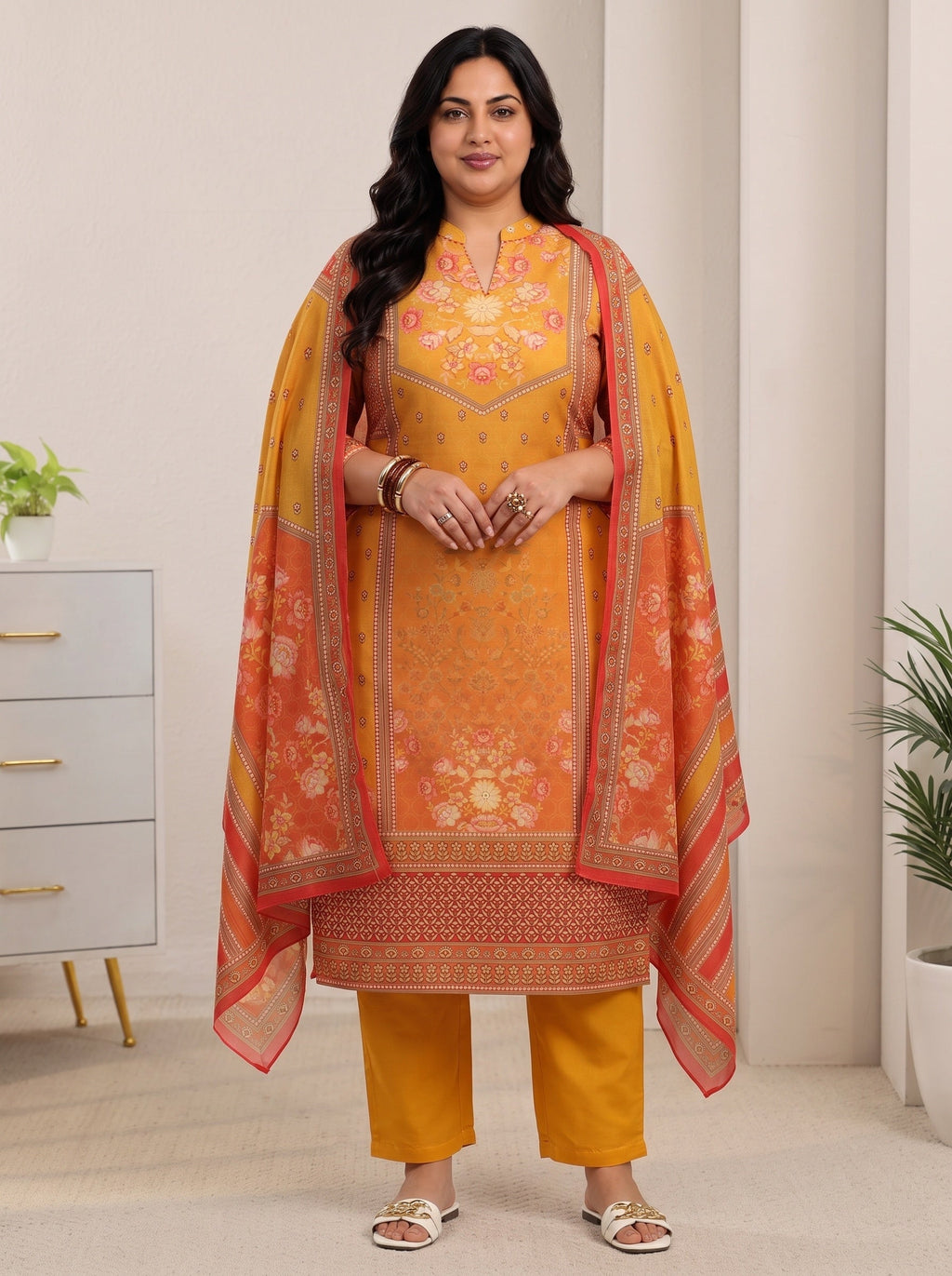 Plus Size Mustard Floral Printed Muslin Straight Suit Set