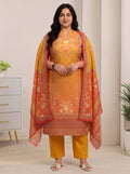 Plus Size Mustard Floral Printed Muslin Straight Suit Set