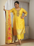 Plus Size Mustard Woven Design Chanderi Silk Straight Suit With Dupatta