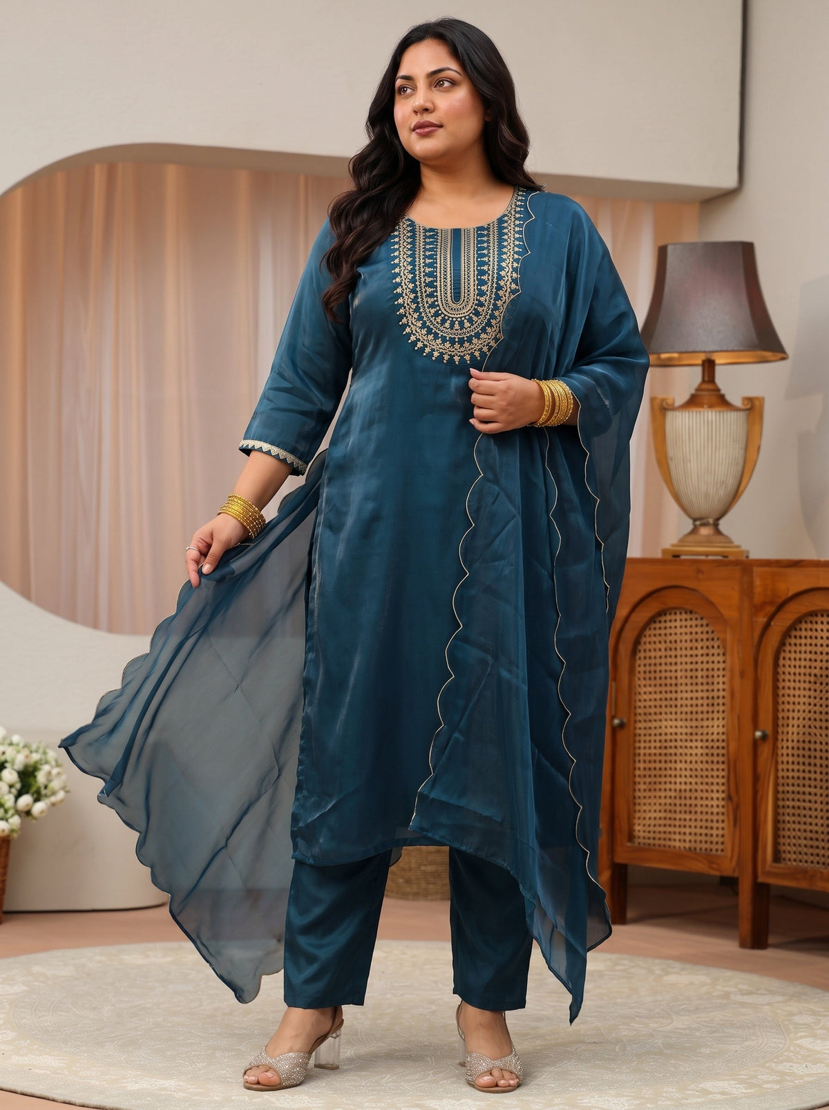 Plus Size Navy Blue Yoke Design Tissue Straight Suit Set