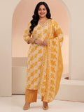Plus Size Off White Floral Printed Cotton Straight Suit Set