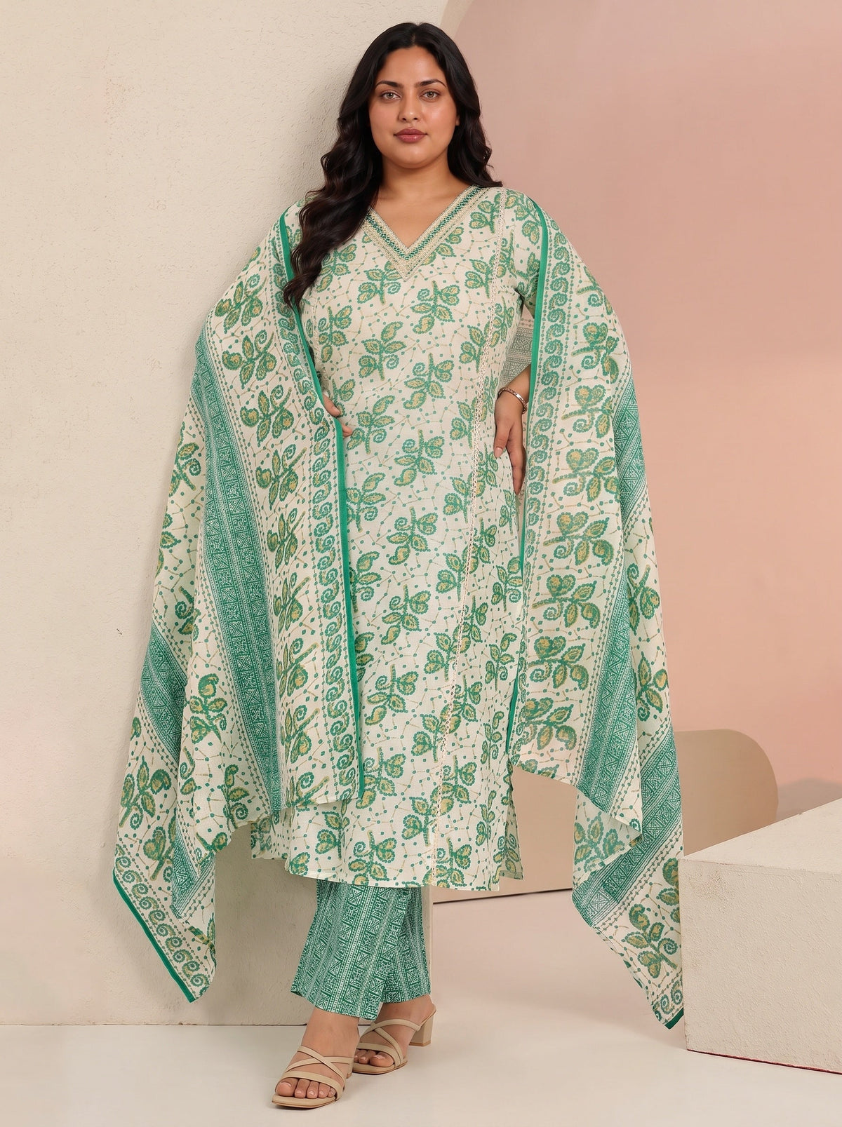 Plus Size Off White Floral Printed Cotton Straight Suit Set