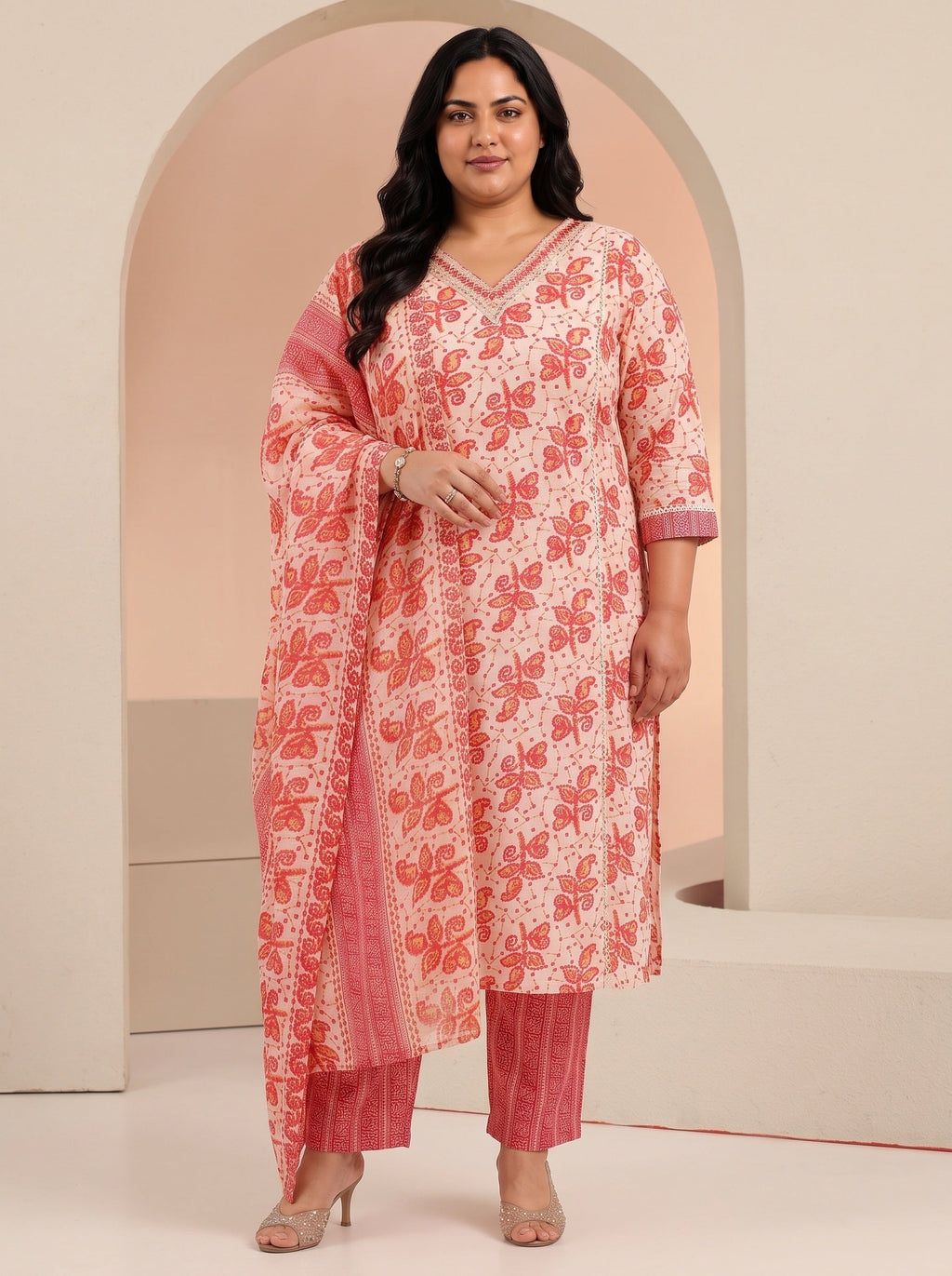 Plus Size Off White Floral Printed Cotton Straight Suit Set